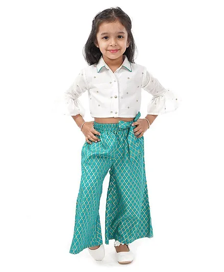 Babyhug Frilled Sleeves Crop Top & Palazzo - Blue Off White