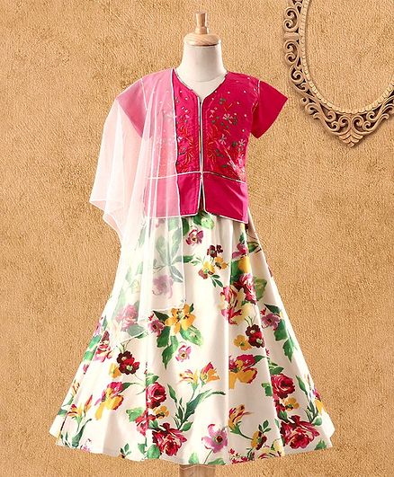 Ridokidz Short Sleeves Flower Embroidery Work Choli With Lehenga & Dupatta - Rani