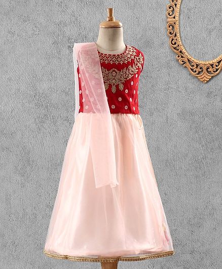 Ridokidz Sleeveless Flower Embroidery Choli With Lehenga & Dupatta Set - Maroon