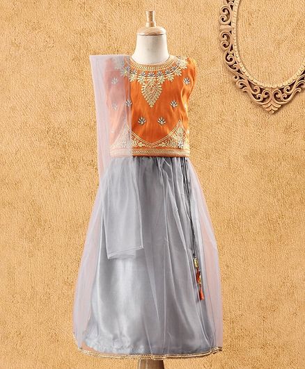 Ridokidz Sleeveless Flower Embroidery Work Choli With Lehenga & Dupatta Set - Orange
