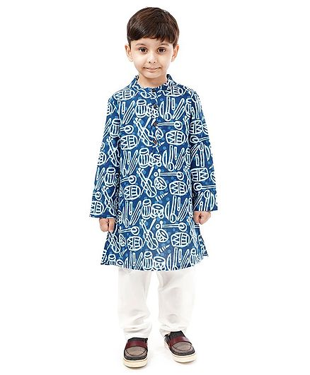 Babyhug Full Sleeves Kurta Pajama Set Instrument Print - Blue