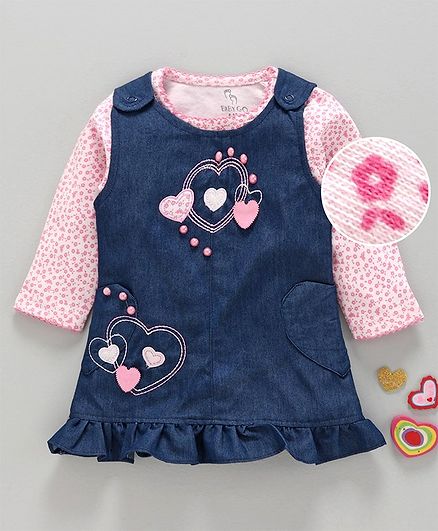 Baby Go Dungaree Style Frock With Inner Tee Bead Detailing - Pink Blue