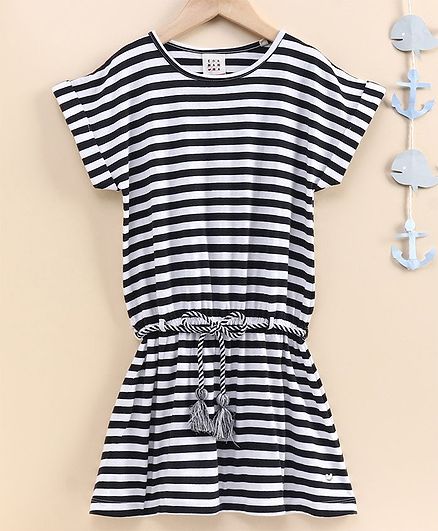 Ed-a-Mamma Half Sleeves Striped Knit Low Waist Dress With Extended Sleeves & Braided Belt - Black & White