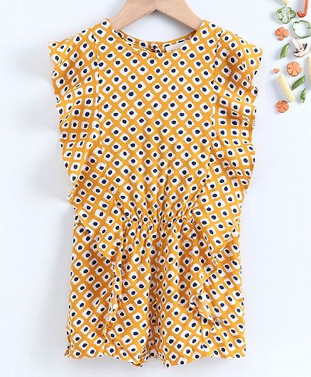 Ed-a-Mamma Short Sleeves Printed Rayon Jumpsuit With Ruffles - Yellow