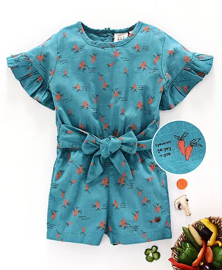Ed-a-Mamma Carrot Printed Half Sleeves Cotton Jumpsuit With Front Tie-Up Detail - Teal