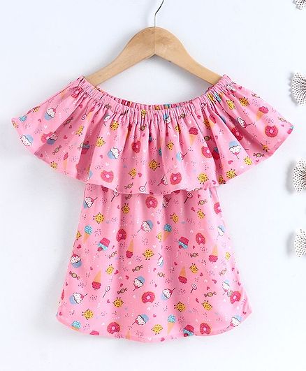 Ed-a-Mamma Half Sleeves Donuts Print Layered Top - Pink