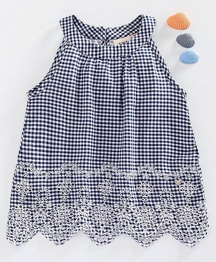 Ed-a-Mamma Checked Sleeveless Incut Top With Schiffli Embroidered Hem - Navy Blue