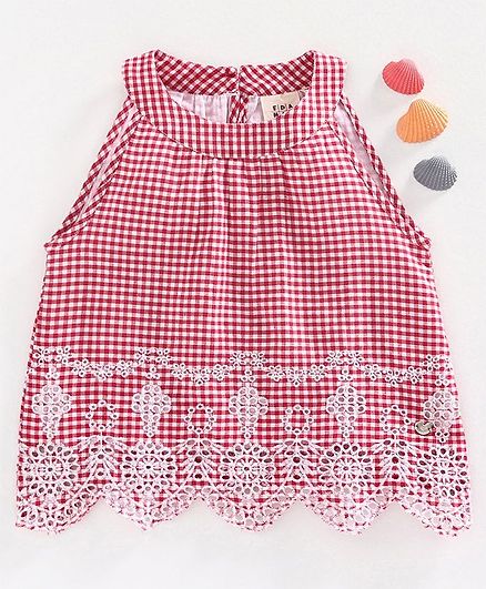 Ed-a-Mamma Checked Sleeveless Incut Top With Schiffli Embroidered Hem - Red