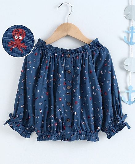 Ed-a-Mamma Full Sleeves Rayon Printed Peasant Top With Frill - Navy Blue