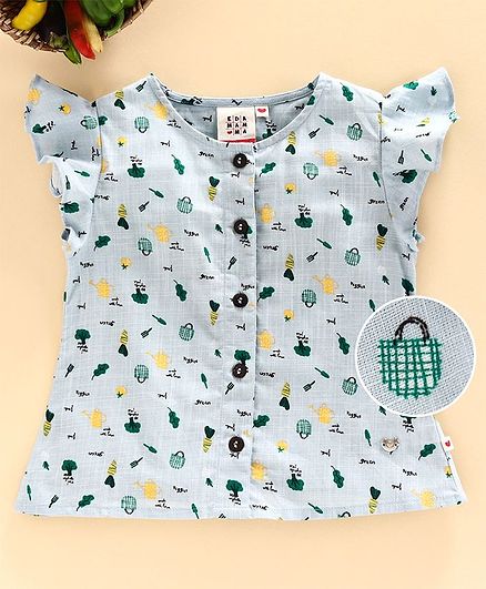 Ed-a-Mamma Cap Sleeves Printed Cotton Slub Top With Ruffle Sleeves - Pale Blue