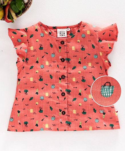 Ed-a-Mamma Cap Sleeves Printed Cotton Slub Top With Ruffle Sleeves - Coral