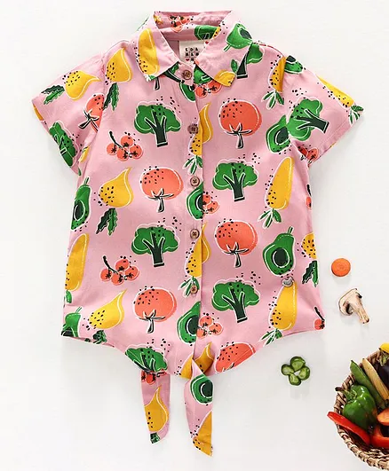 Ed-a-Mamma Short Sleeves Veggie Print Rayon Top With Front Tie-Up Detailing - Light Pink