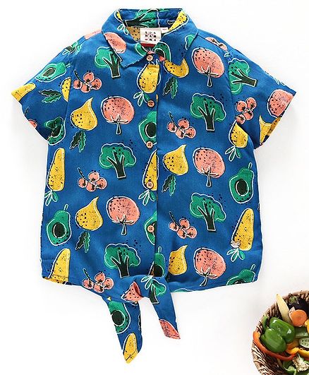 Ed-a-Mamma Short Sleeves Veggie Print Rayon Top With Front Tie-Up Detailing - Midnight Blue