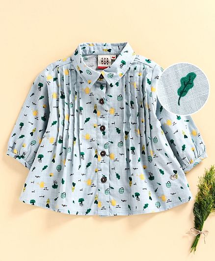 Ed-a-Mamma Three Fourth Sleeves Printed Top with Pintucks And Roll Ups - Pale Blue