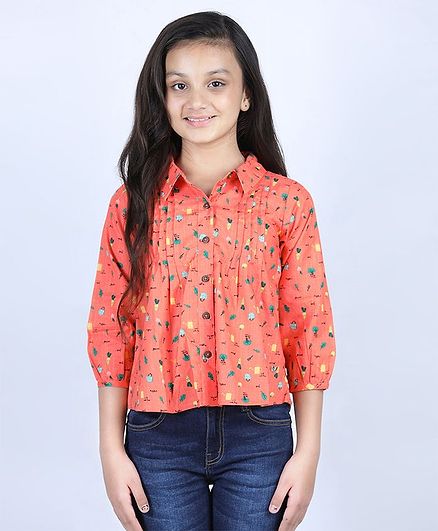 Ed-a-Mamma Three Fourth Sleeves Printed Top with Pintucks And Roll Ups - Coral