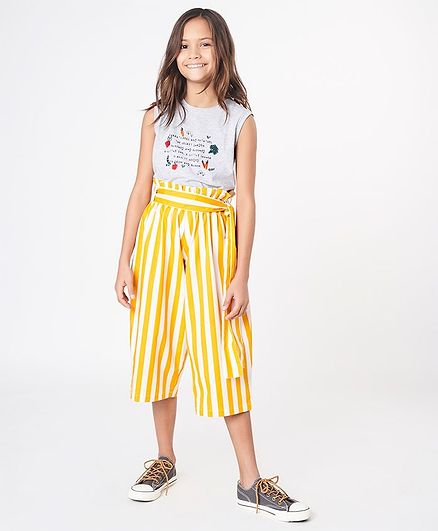 Ed-a-Mamma Striped Three Fourth Length Paper Bag Trousers With Tie-Ups - Mustard