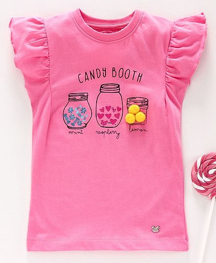 Ed-a-Mamma Ruffle Cap Sleeves Pom Pom Detailing Tee - Candy Pink