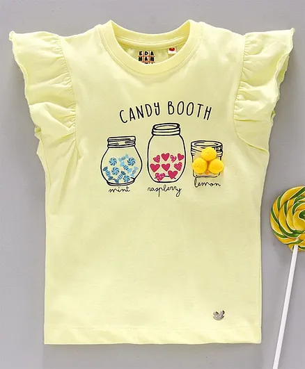 Ed-a-Mamma Ruffle Cap Sleeves Pom Pom Detailing Tee - Lemon