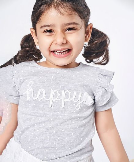 Ed-a-Mamma Polka Printed Short Sleeves Knit Tee With Embroidery - Grey