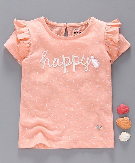 Ed-a-Mamma Polka Printed Cap Sleeves Knit Tee With Embroidery - Peach