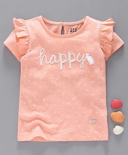 Ed-a-Mamma Polka Printed Cap Sleeves Knit Tee With Embroidery - Peach