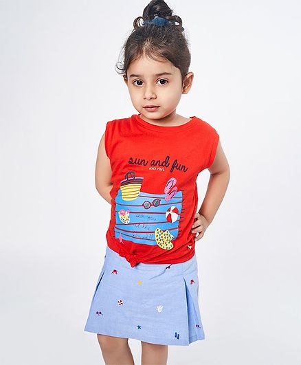 Ed-a-Mamma Sleeveless Knit Tee With Knot & Print Detailing - Red