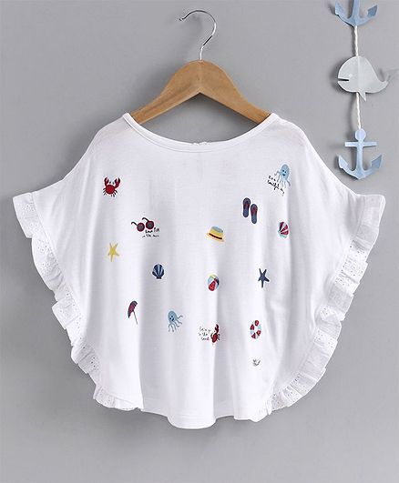 Ed-a-Mamma Half Sleeves Kimono Knit Top With Glitter Print & Lace Edging - White