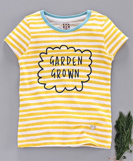 Ed-a-Mamma Half Sleeves Striped Knit With Contrast Rib & Glitter Print T-Shirt - Yellow