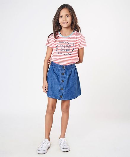 Ed-a-Mamma Half Sleeves Striped Knit With Contrast Rib & Glitter Print T-Shirt - Coral