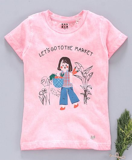 Ed-a-Mamma Half Sleeves Jersey Washed T-Shirt With Girl Print - Candy Pink
