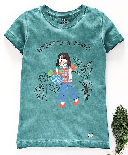 Ed-a-Mamma Half Sleeves Jersey Washed T-Shirt With Girl Print - Deep Green