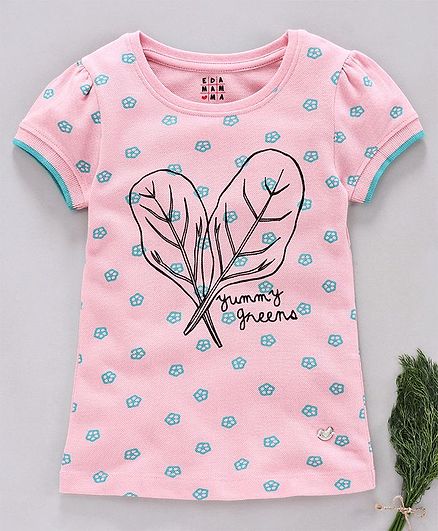Ed-a-Mamma Half Sleeves Printed Knit T-Shirt With Contrast Rib - Pink