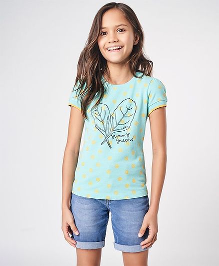 Ed-a-Mamma Half Sleeves Printed Knit T-Shirt With Contrast Rib - Pool Blue