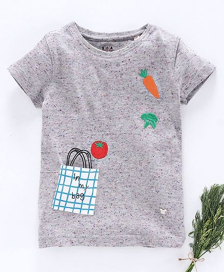 Ed-a-Mamma Half Sleeves Vegetable & Fruits Embroidery Detailing Tee - Grey Melange