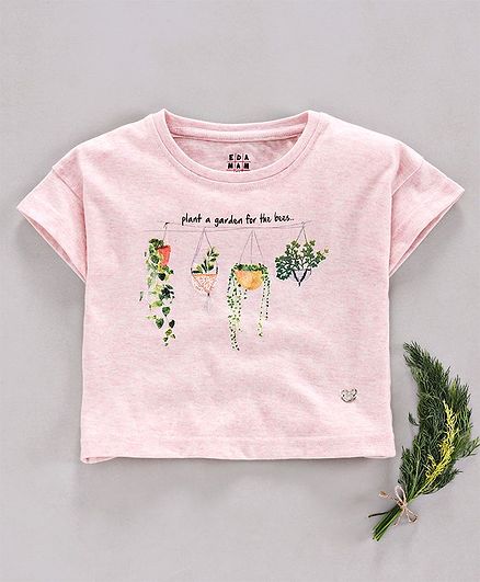 Ed-a-Mamma Short Sleeves Plant Printed Crop Tee - Baby Pink Melange