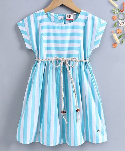 Ed-a-Mamma Short Sleeves Striped Dress With Yoke & Braided Belt - Pale Blue