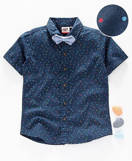 Ed-a-Mamma Natty Half Sleeved Dots Printed Shirt With Bow Tie - Navy Blue