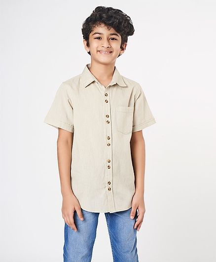 Ed-a-Mamma Half Sleeves Cotton Linen Solid Shirt With Double Buttons - Khaki