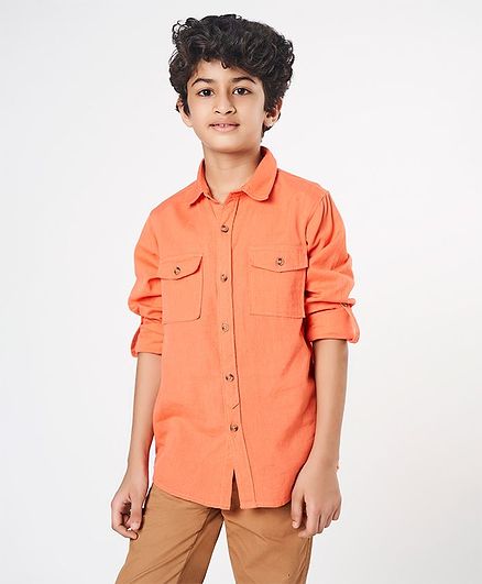 Ed-a-Mamma Full Sleeves Cotton Linen Solid Shirt With Pockets & Roll-Up Sleeves - Coral
