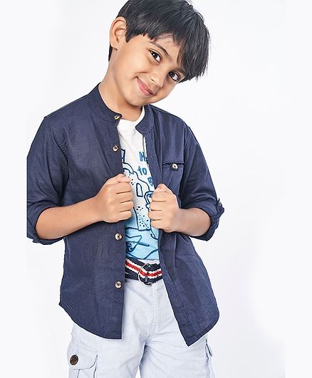 Ed-a-Mamma Full Sleeves Cotton Linen Solid Shirt With Pockets - Navy Blue