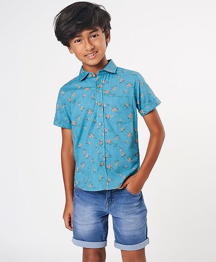 Ed-a-Mamma Half Sleeves Carrot Printed Cotton Shirt With Double Buttons - Teal