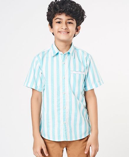 Ed-a-Mamma Half Sleeves Striped Poplin Shirt With Twill Detail - Pale Blue