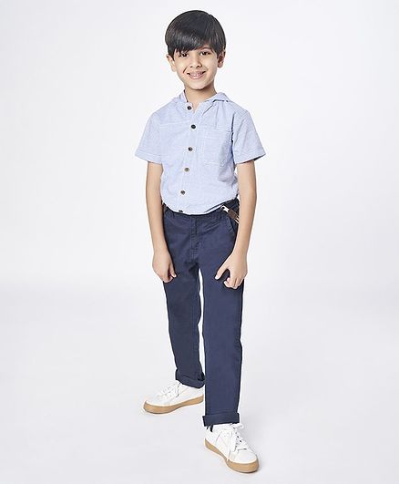 Ed-a-Mamma Preppy Striped Half Sleeves Shirt With Hoodie & Print - Blue
