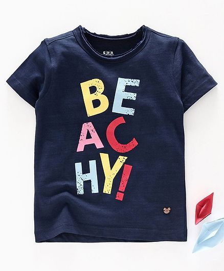 Ed-a-Mamma Half Sleeved Indigo Washed Knit Tee With Raw Edges & Print - Indigo