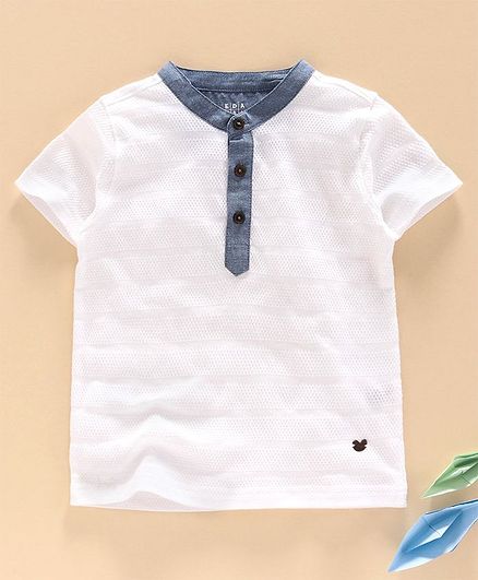 Ed-a-Mamma Half Sleeved Textured Knit Tee With Chambray Collar - White