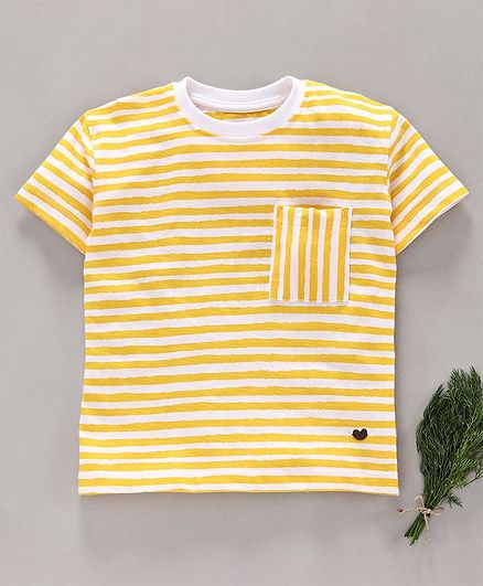 Ed-a-Mamma Round Neck Half Sleeves Striped Tee With Front Pocket - Yellow