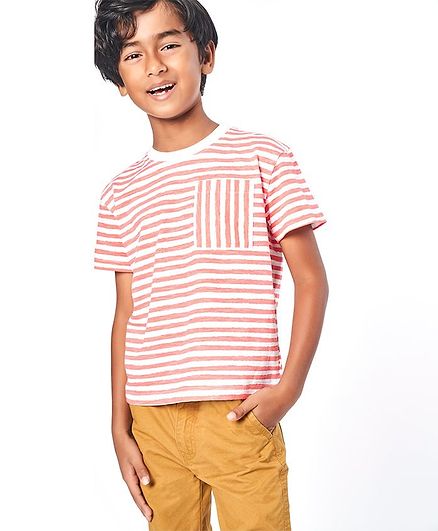 Ed-a-Mamma Round Neck Half Sleeves Striped Tee With Front Pocket - Coral