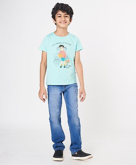 Ed-a-Mamma Round Neck Half Sleeves Tee With From Garden To Kitchen Print & Embroidery - Aqua