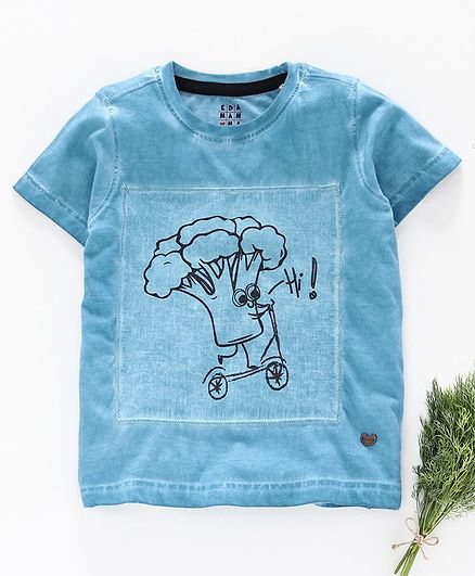 Ed-a-Mamma Round Neck Half Sleeves Overdyed Tee With Patch - Faded Blue