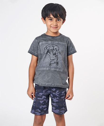 Ed-a-Mamma Round Neck Half Sleeves Overdyed Tee With Patch - Grey
